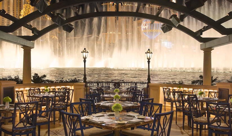 A screenshot of the outdoor dining patio at PRIME Steakhouse restaurant in the Bellagio Hotel and Casino Las Vegas