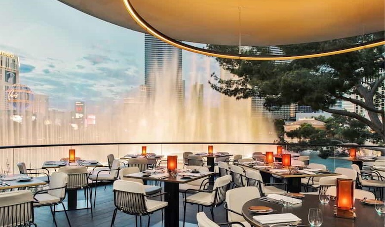 A screenshot of the outdoor dining patio at Spago restaurant in the Bellagio Hotel and Casino Las Vegas