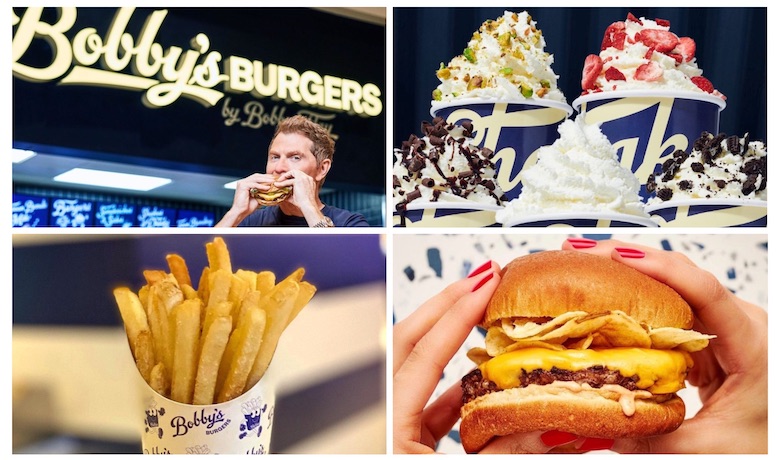 A screenshot of menu highlights, as well as chef Bobby Flay at Bobby's Burgers restaurant in Harrah's Las Vegas Hotel and Casino.