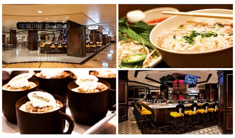 A screenshot of tiramisu, a bowl of ramen, and the bar at Fulton Street Food Hall in Harrah's Las Vegas Hotel and Casino.