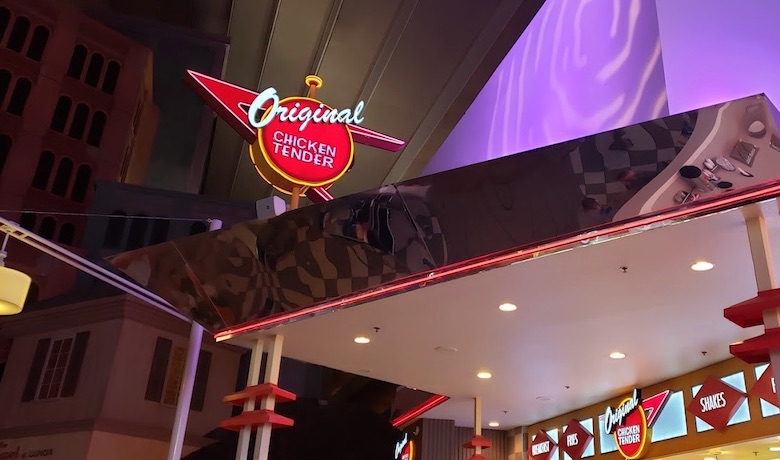 A screenshot of Original Chicken Tenders company logo and sign. A restaurant in the Luxor Hotel and Casino Las Vegas.