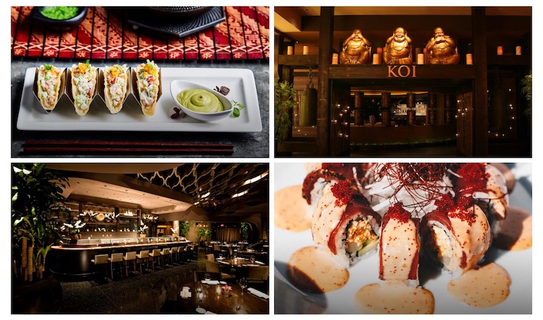 A screenshot of menu highlights and the exterior and interior of KOI Japanese restaurant in Planet Hollywood Hotel and Casino Las Vegas.