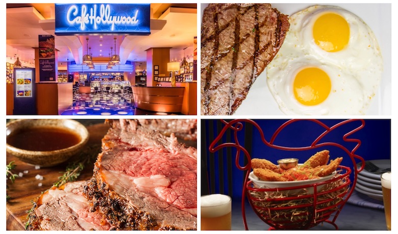 A screenshot of menu highlights and the entrance of Cafe Hollywood restaurant in Planet Hollywood Hotel and Casino Las Vegas.