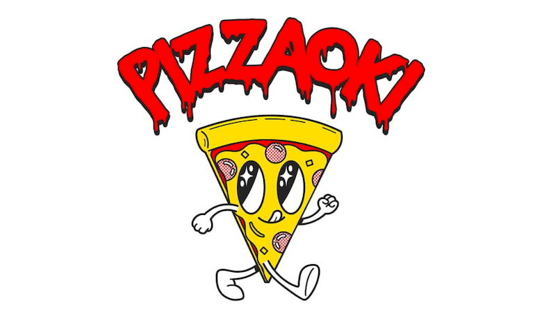 A screenshot of the Pizzaoki logo. A restaurant in the food court at the Aria Hotel and Casino Las Vegas.