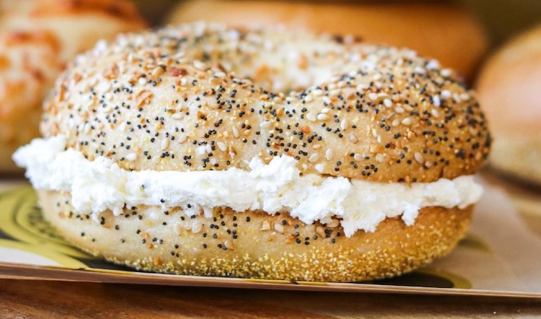 A screenshot of an everything bagel with cream cheese from Einstein Bros Bagels in Circus Circus Hotel and Casino Las Vegas.