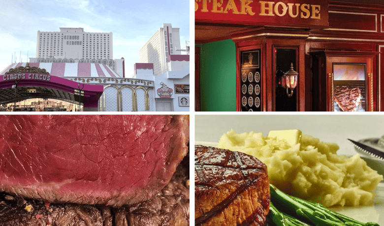 A screenshot of menu highlights, the entrance, and hotel at The Steak House restaurant in Circus Circus Hotel and Casino Las Vegas.