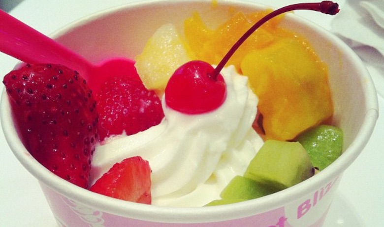 A screenshot of frozen yogurt with various fruit on top from Blizz Frozen Yogurt in the Mirage Hotel and Casino Las Vegas.