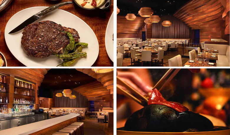 A screenshot of menu highlights and the dining spaces at Stack restaurant in the Mirage Hotel and Casino Las Vegas.