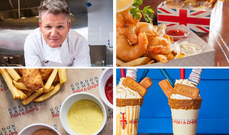 A screenshot of Gordon Ramsay and menu highlights from Gordon Ramsay Fish and Chips restaurant in The Linq Hotel and Casino Las Vegas.