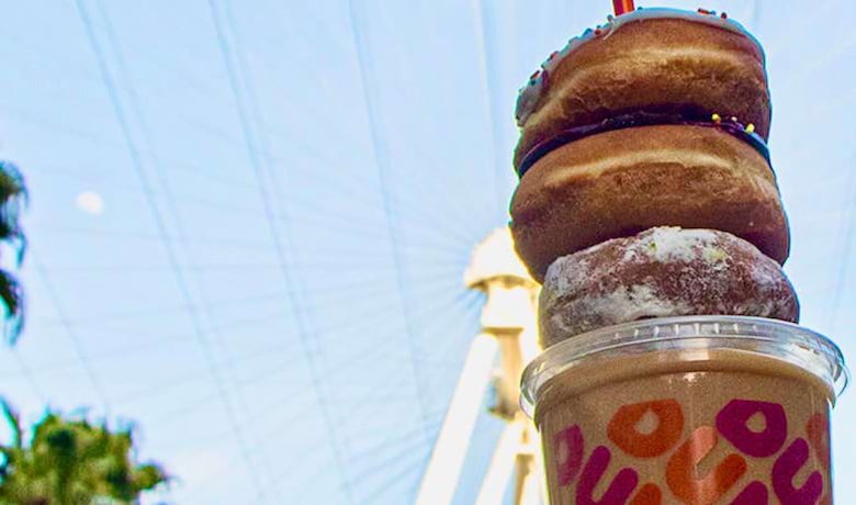 A screenshot of donuts on top of a coffee drink from Dunkin' at The Linq Hotel and Casino Las Vegas.