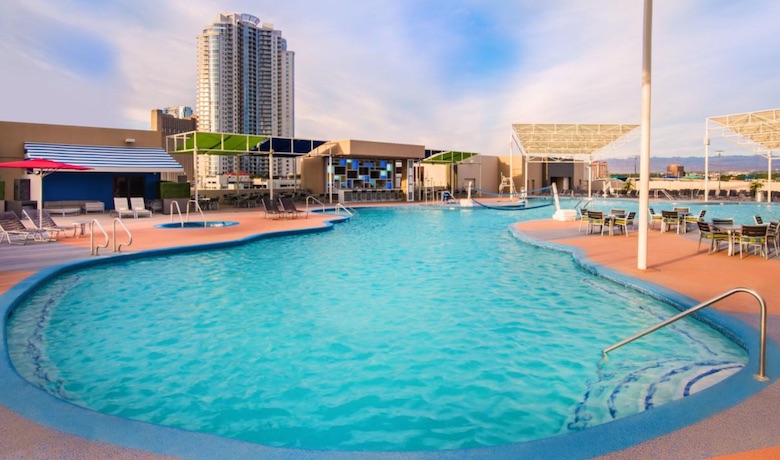 A screenshot of the pool and Elation Pool Cafe and Bar at The Stratosphere Hotel and Casino Las Vegas.