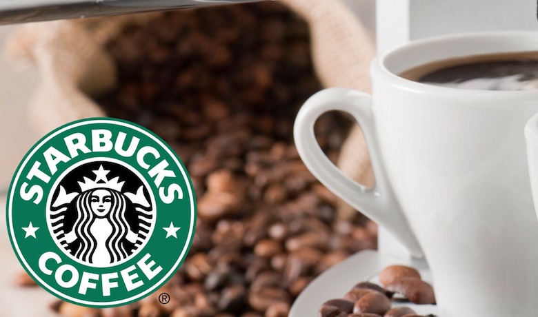 A screenshot of the Starbucks logo with coffee beans and a cup of coffee in the background. There is a Starbucks located in the Tropicana Hotel and Casino Las Vegas.