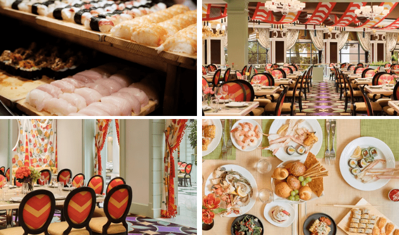 A screenshot of the dining areas and food offers at The Buffet at Wynn Las Vegas.