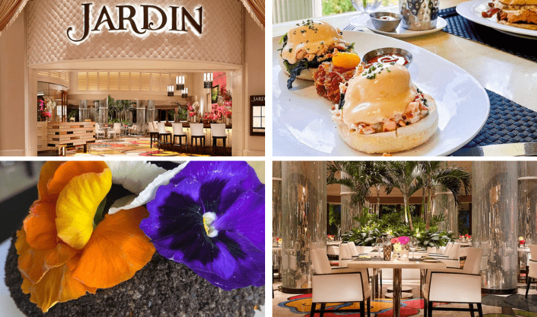 A screenshot of the entrance, dining area, and menu highlights at Jardin restaurant at the Encore Hotel and Casino Las Vegas.