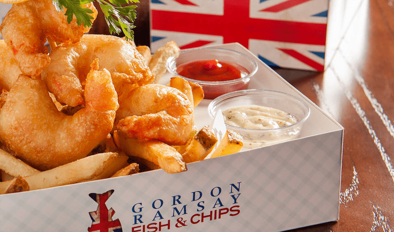 A screenshot of a shrimp and chips platter from Gordon Ramsay's Fish & Chips restaurant in The Linq Hotel and Casino Las Vegas.