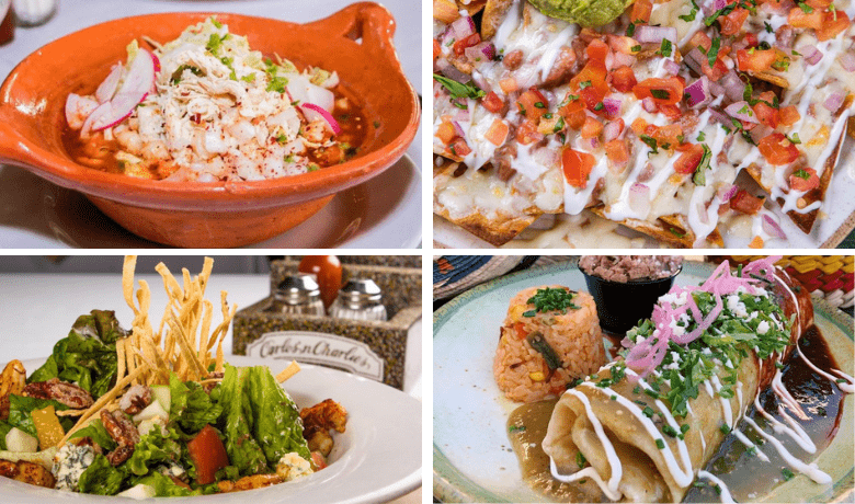 A screenshot of various appetizers, salad, and burrito from Carlos 'N Charlie's Mexican Restaurant in the Flamingo Hotel and Casino Las Vegas.