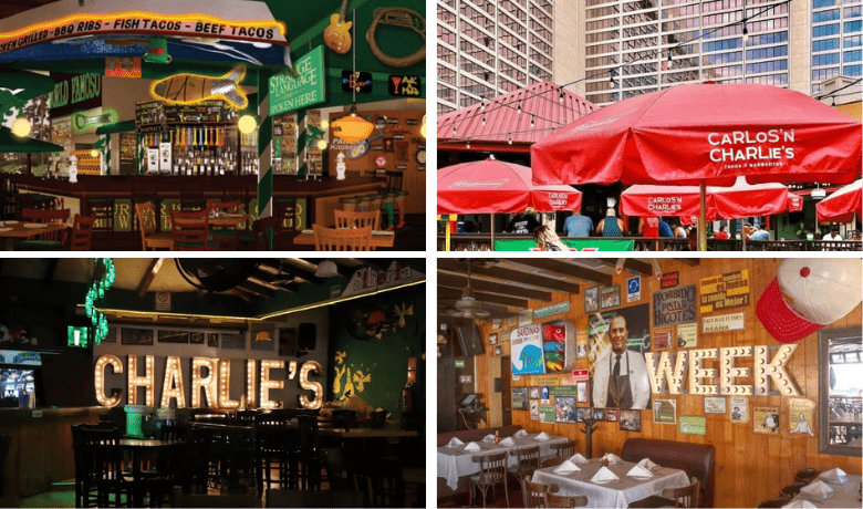 A screenshot of the various dining areas at Carlos 'N Charlie's Mexican Restaurant in the Flamingo Hotel and Casino Las Vegas.