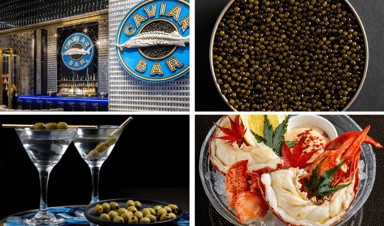 A screenshot of the main bar and various menu highlights from Caviar Bar in Resorts World Hotel and Casino Las Vegas.