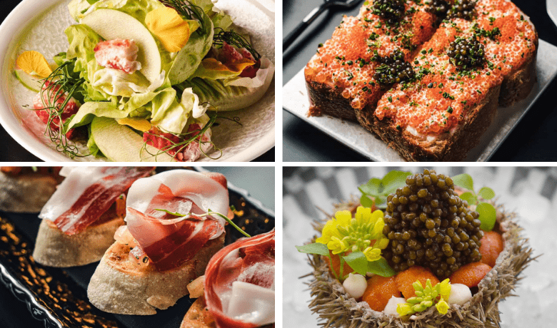 A screenshot of various appetizers from Caviar Bar in Resorts World Hotel and Casino Las Vegas.