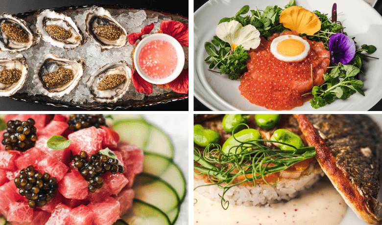 A screenshot of various seafood dishes from Caviar Bar in Resorts World Hotel and Casino Las Vegas.