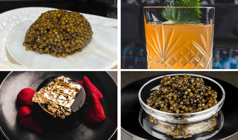 A screenshot of various caviars and a cocktail from Caviar Bar in Resorts World Hotel and Casino Las Vegas.