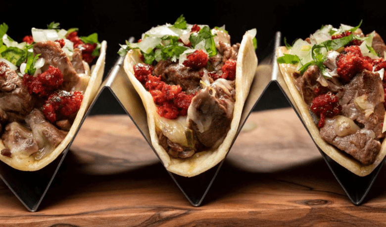 A screenshot of three tacos from Diablo's Cantina Mexican Restaurant in the Luxor Hotel and Casino Las Vegas.