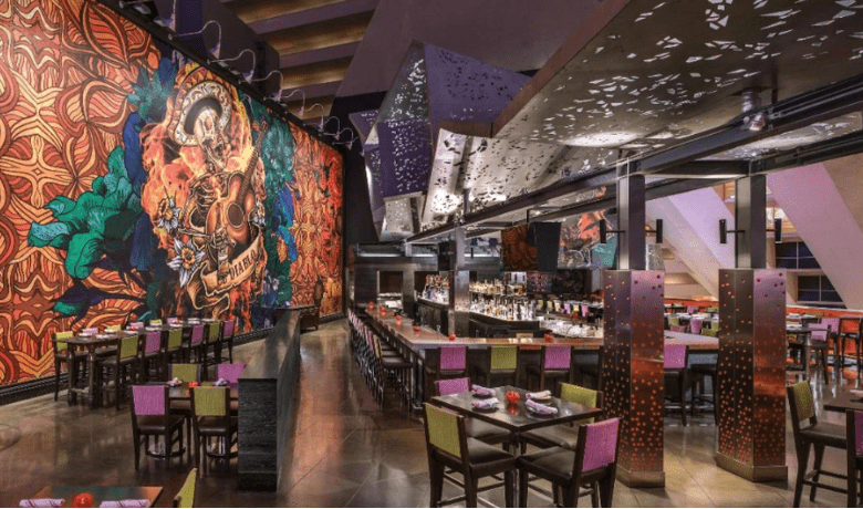 A screenshot of the dining area and bar at Diablo's Cantina Mexican Restaurant in the Luxor Hotel and Casino Las Vegas.