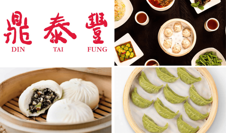 A screenshot of the Din Tai Fung logo and various menu highlights from the Aria Hotel and Casino Las Vegas location.