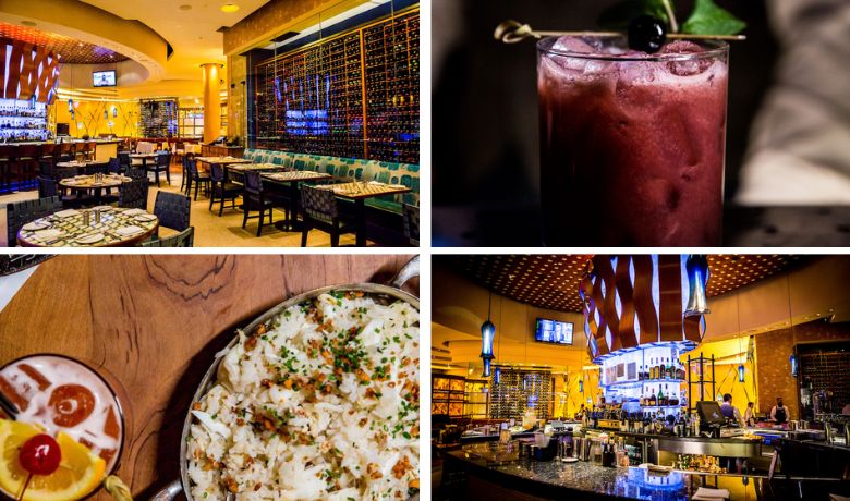 A screenshot of drinks and the dining space at Emeril's New Orleans Fish House Restaurant in the MGM Grand Hotel and Casino Las Vegas.