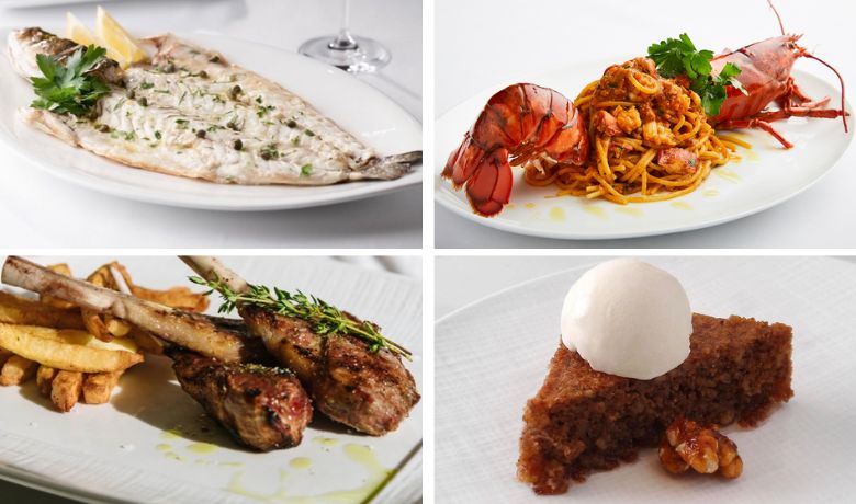 A screenshot of various entrees from estiatorio Milos Seafood Restaurant in the Venetian Hotel and Casino Las Vegas.