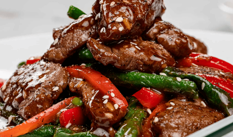 A screenshot of the beef entree from Grand Wok Noodle Bar Asian Restaurant in the MGM Grand Hotel and Casino Las Vegas.