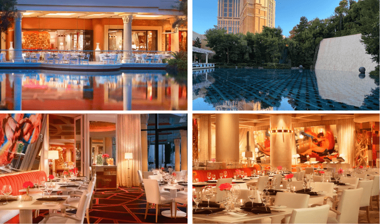 A screenshot of the dining area and views of the lake from Lakeside Seafood Restaurant in the Wynn Hotel and Casino Las Vegas.