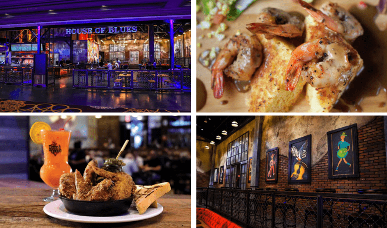 A screenshot of the entrance, the decor, and menu highlights from House of Blues Restaurant & Bar in the Mandalay Bay Hotel and Casino Las Vegas.