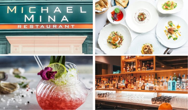 A screenshot of the entrance, bar, and menu highlights from Michael Mina Restaurant in the Bellagio Hotel and Casino Las Vegas.
