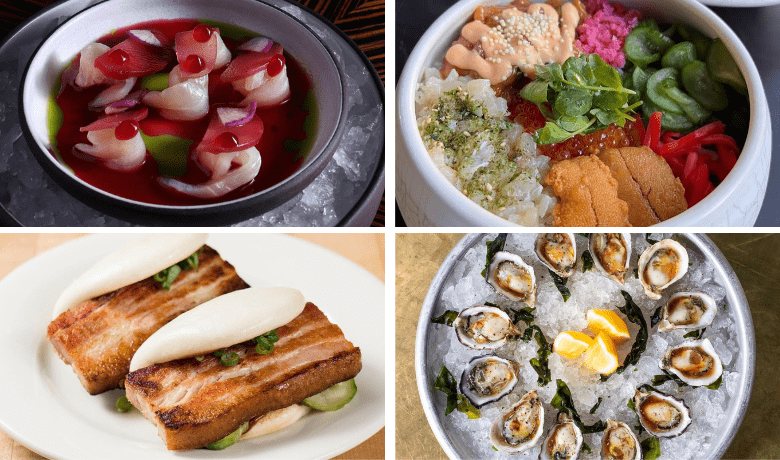 A screenshot of various raw bar items and the pork belly bun appetizer from Momofuku Restaurant in the Cosmopolitan Hotel and Casino Las Vegas.