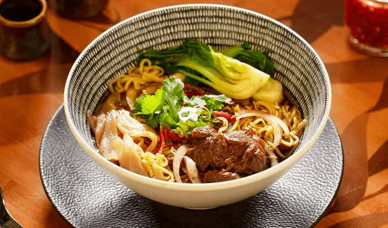 A screenshot of a soup noodle dish from Noodle Shop Restaurant in the Mandalay Bay Hotel and Casino Las Vegas.