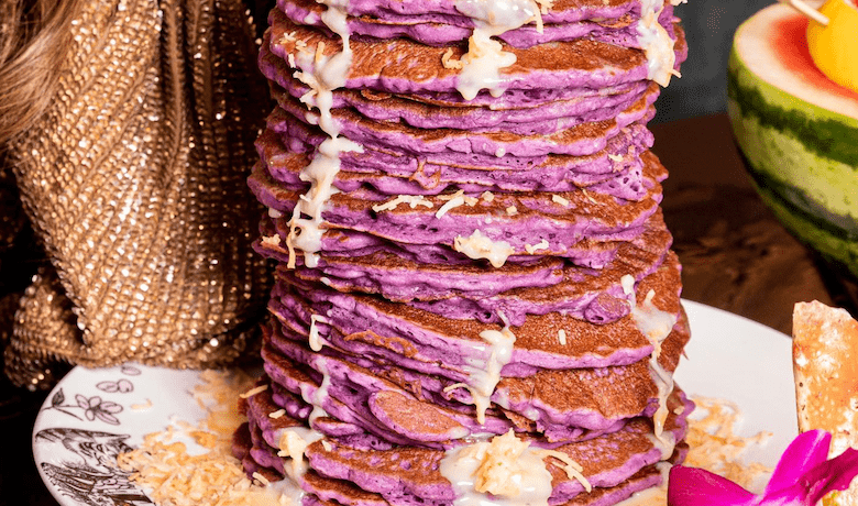 A screenshot of ube pancakes from Fuhu Asian Restaurant in Resorts World Hotel and Casino Las Vegas.