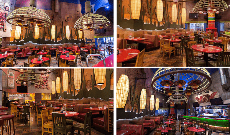 A screenshot of the various dining areas at Gonzalez y Gonzalez Restaurant in the New York New York Hotel and Casino Las Vegas.