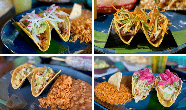 A screenshot of various taco dishes from Hussong's Cantina Restaurant in the Mandalay Bay Hotel and Casino Las Vegas.