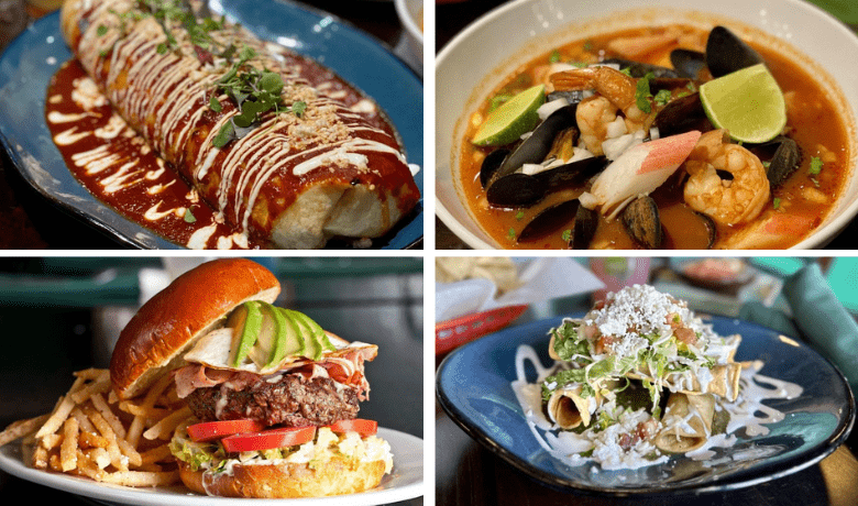 A screenshot of burritos, seafood, burgers, and entrees from Hussong's Cantina Restaurant in the Mandalay Bay Hotel and Casino Las Vegas.