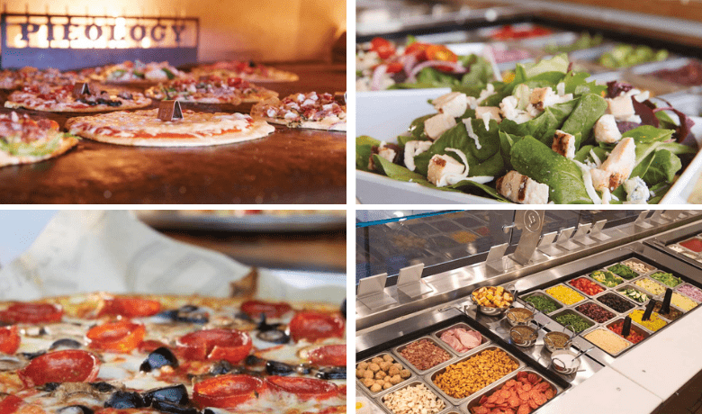 A screenshot of pizzas cooking in the oven, various ingredients, and menu highlights from Pieology restaurant in the MGM Grand Hotel and Casino Las Vegas.