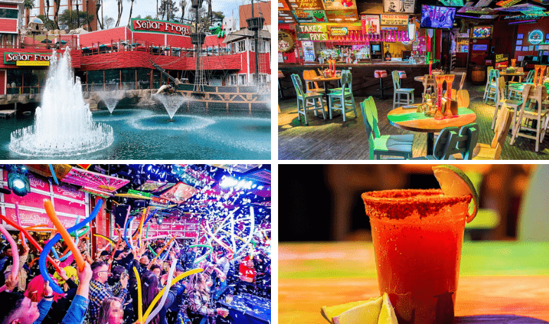 A screenshot of the exterior, a margarita, and the interior decor and atmosphere at Senor Frog's Mexican Restaurant in the Treasure Island Hotel and Casino Las Vegas.