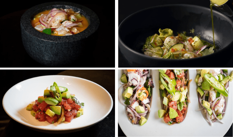 A screenshot of various seafood appetizers from Javier's Mexican Restaurant in the Aria Hotel and Casino Las Vegas.