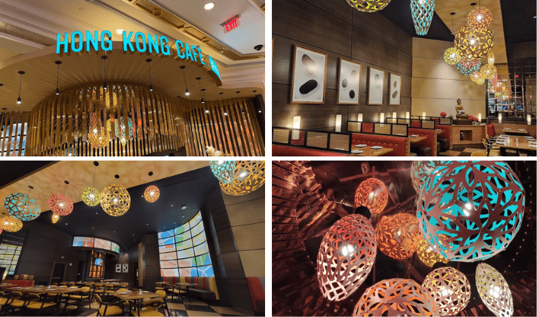 A screenshot of the entrance, dining areas, and ambiance at Hong Kong Cafe in Palazzo Hotel and Casino Las Vegas.