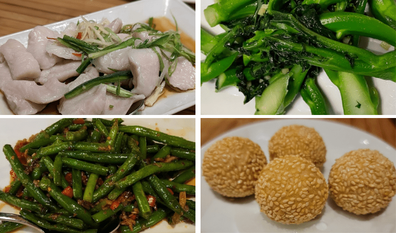 A screenshot of various dishes consisting of cod, vegetables, and a sesame ball dessert from Hong Kong Cafe in Palazzo Hotel and Casino Las Vegas.
