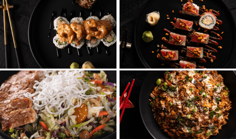 A screenshot of sushi, salad, and fried rice from P.F. Chang's Restaurant in Planet Hollywood Hotel and Casino Las Vegas.