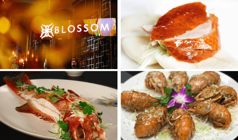 A screenshot of the entrance and various menu highlights from Blossom Restaurant in the Aria Hotel and Casino Las Vegas.
