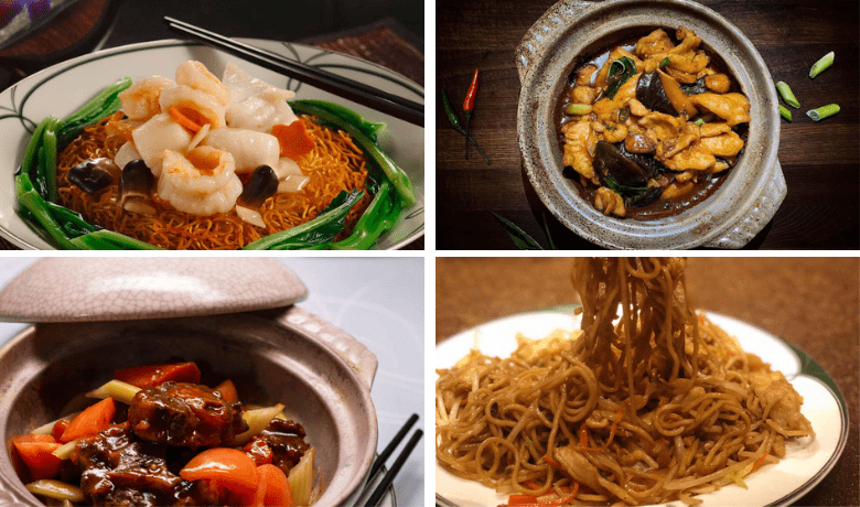 A screenshot of various noodle and clay pot dishes from Blossom Restaurant in the Aria Hotel and Casino Las Vegas.