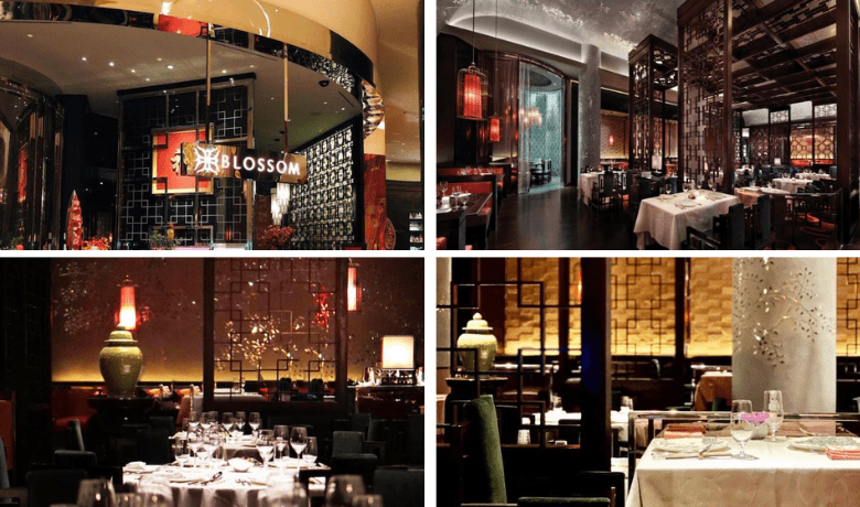 A screenshot of the entrance, dining areas, ambiance, and atmosphere at Blossom Restaurant in the Aria Hotel and Casino Las Vegas.