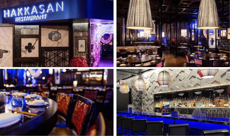 A screenshot of the entrance, dining area, ambiance, and atmosphere at Hakkasan Restaurant in the MGM Grand Hotel and Casino Las Vegas.